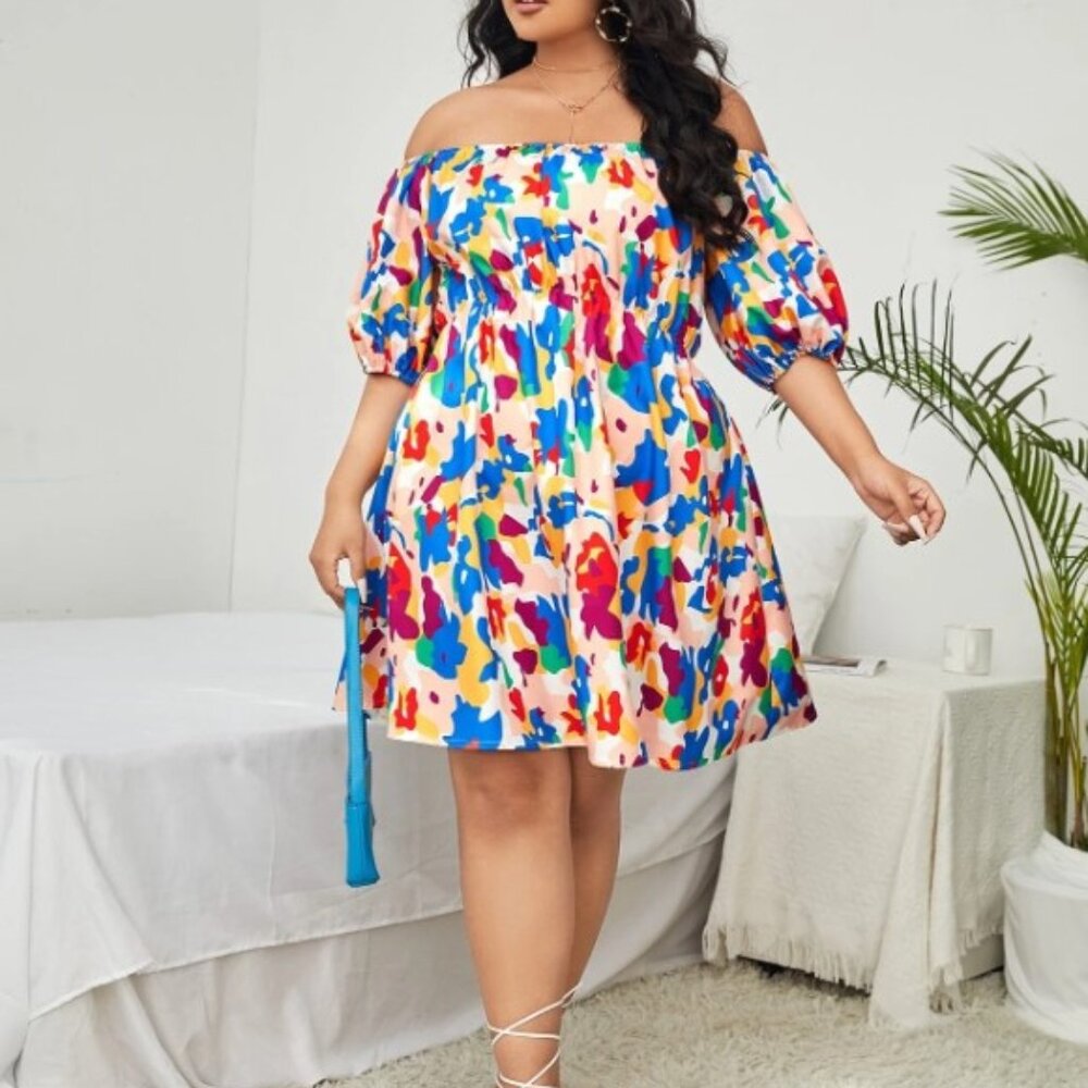 SHEIN Plus Floral Print Off Shoulder Lantern Sleeve Dress 1X